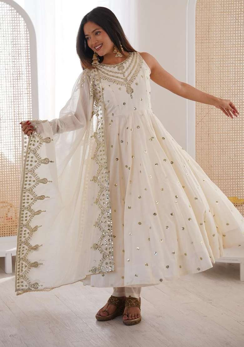White Embroidered Silk Blend Anarkali Set - Indya