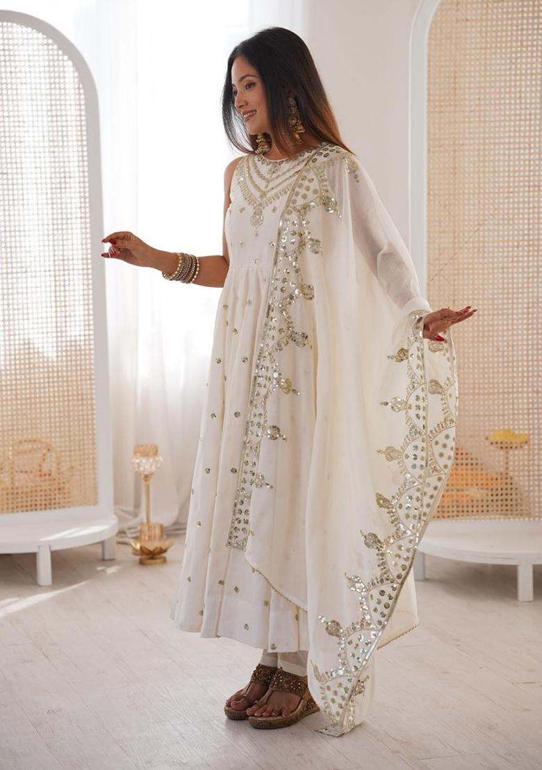 White Embroidery Silk Gown - Indya