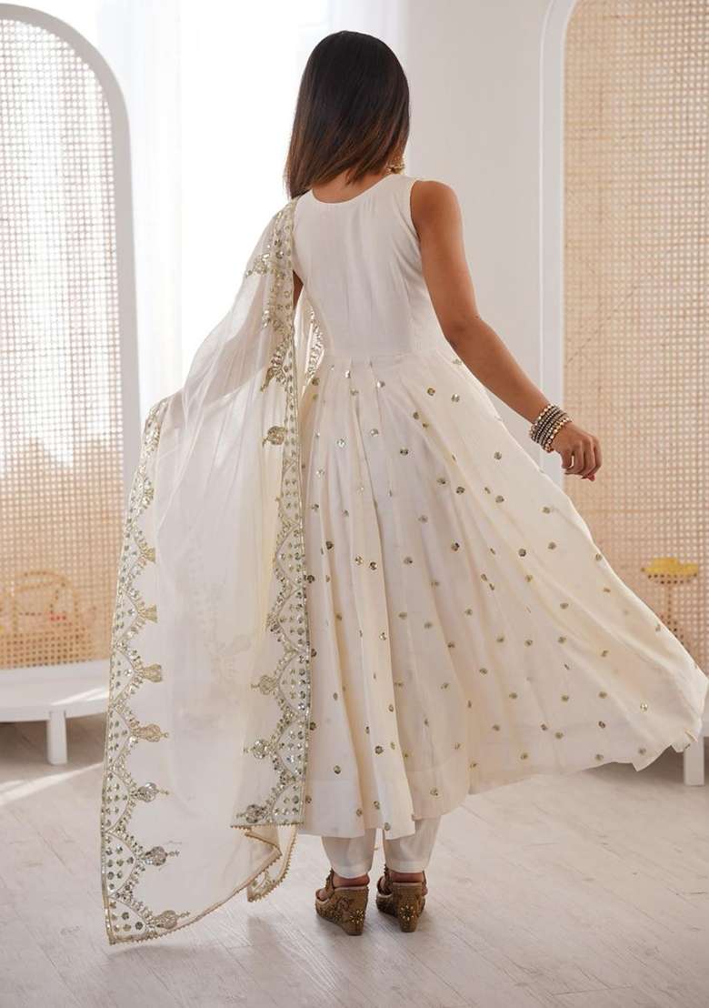 White Embroidered Silk Blend Anarkali Set - Indya