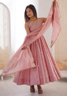 Peach Embroidery Silk Gown