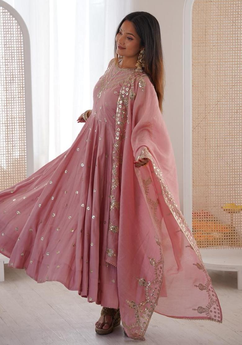 Peach Embroidery Silk Gown - Indya