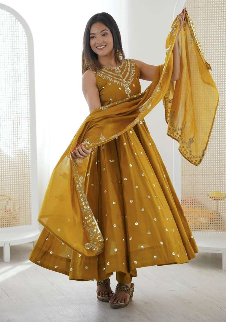 Mustard Embroidered Silk Blend Anarkali Set - Indya