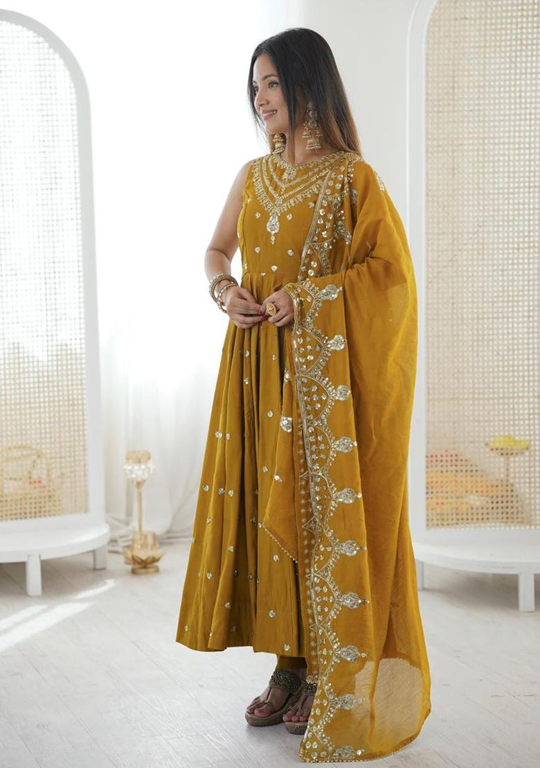 Mustard Embroidery Silk Gown - Indya
