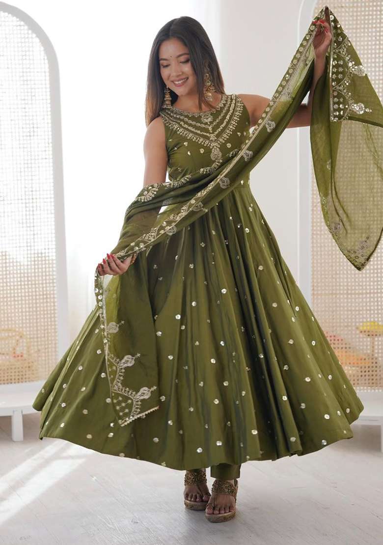 Green Embroidered Silk Blend Anarkali Set - Indya
