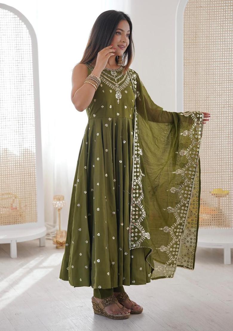 Green Embroidery Silk Gown - Indya