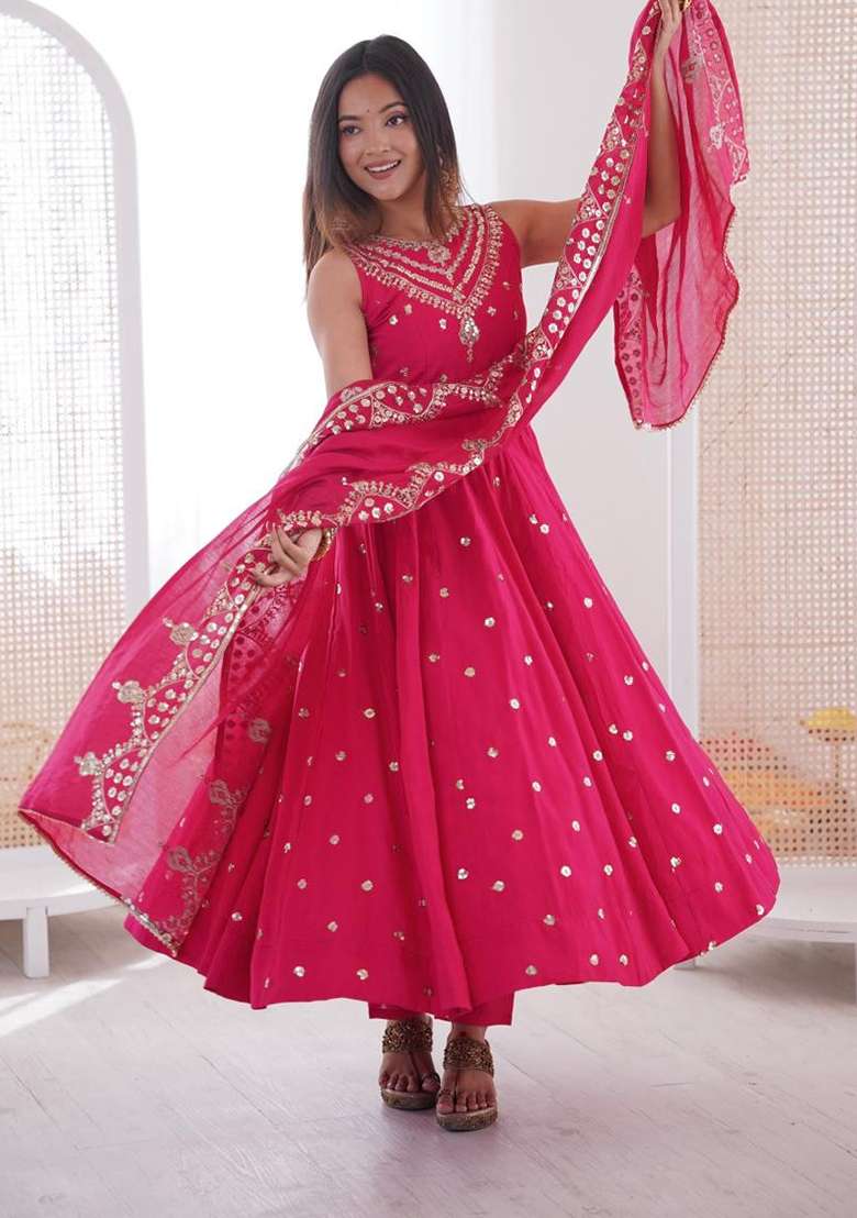 Dark Pink Embroidered Silk Blend Anarkali Set - Indya