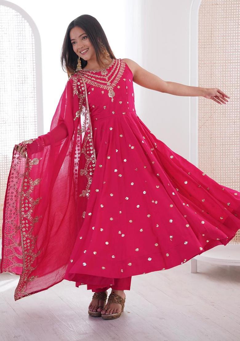 Dark Pink Embroidery Silk Gown - Indya