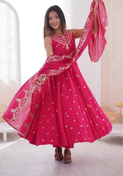 Dark Pink Embroidery Silk Gown
