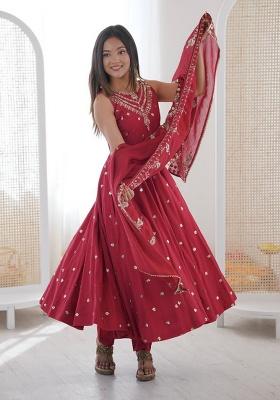 Maroon Embroidery Silk Gown