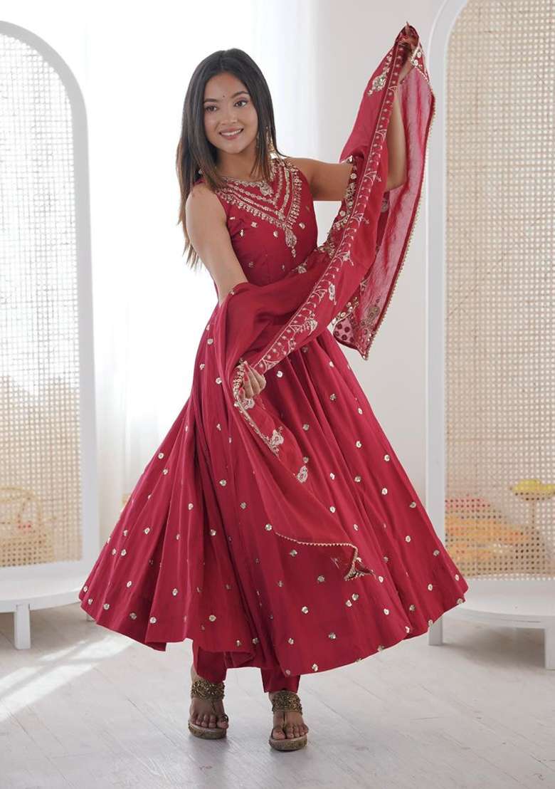 Maroon Embroidered Silk Blend Anarkali Set - Indya