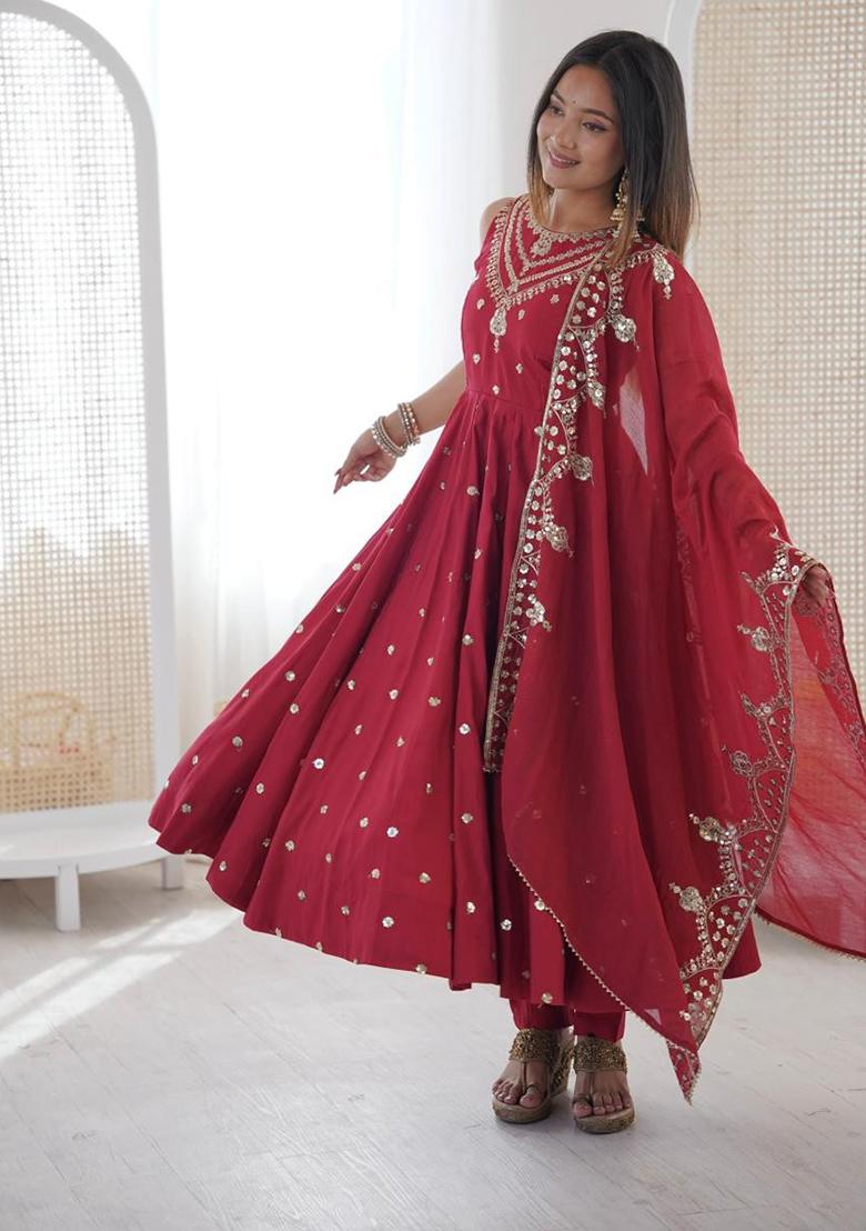 Maroon Embroidery Silk Gown - Indya