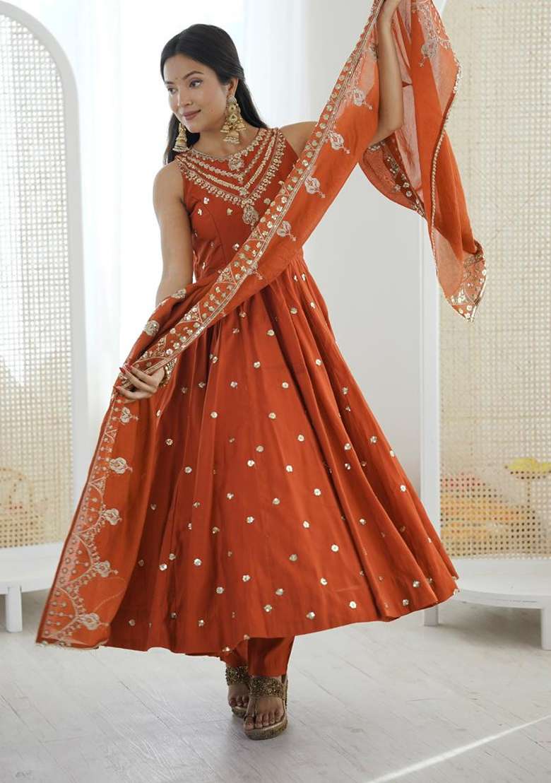Orange Embroidered Silk Blend Anarkali Set - Indya