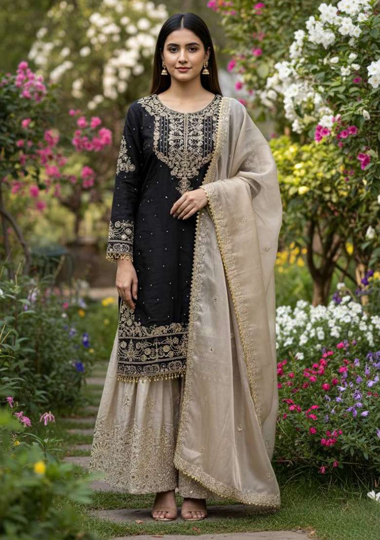 Black Embroidery Silk Sharara - Indya