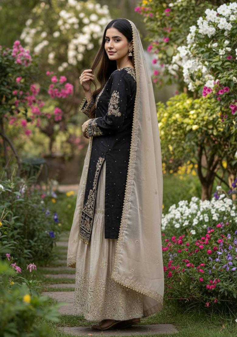 Black Embroidery Silk Sharara - Indya