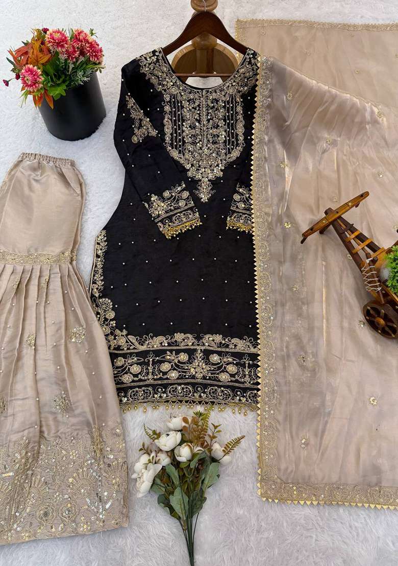 Black Embroidery Silk Sharara - Indya