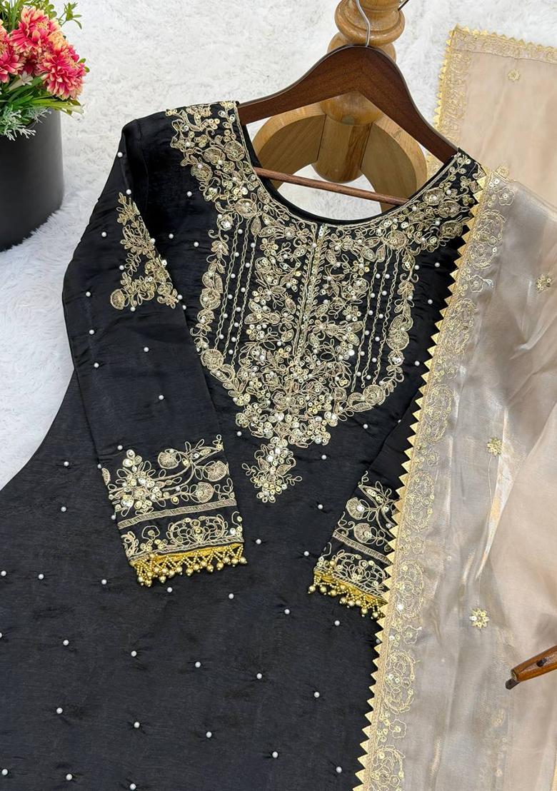 Black Embroidery Silk Sharara - Indya