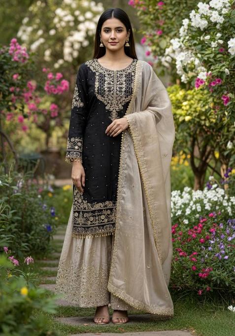Black Embroidery Silk Sharara