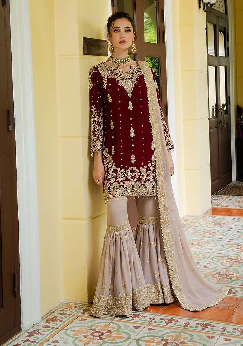 Maroon Embroidery Georgette Sharara - Indya