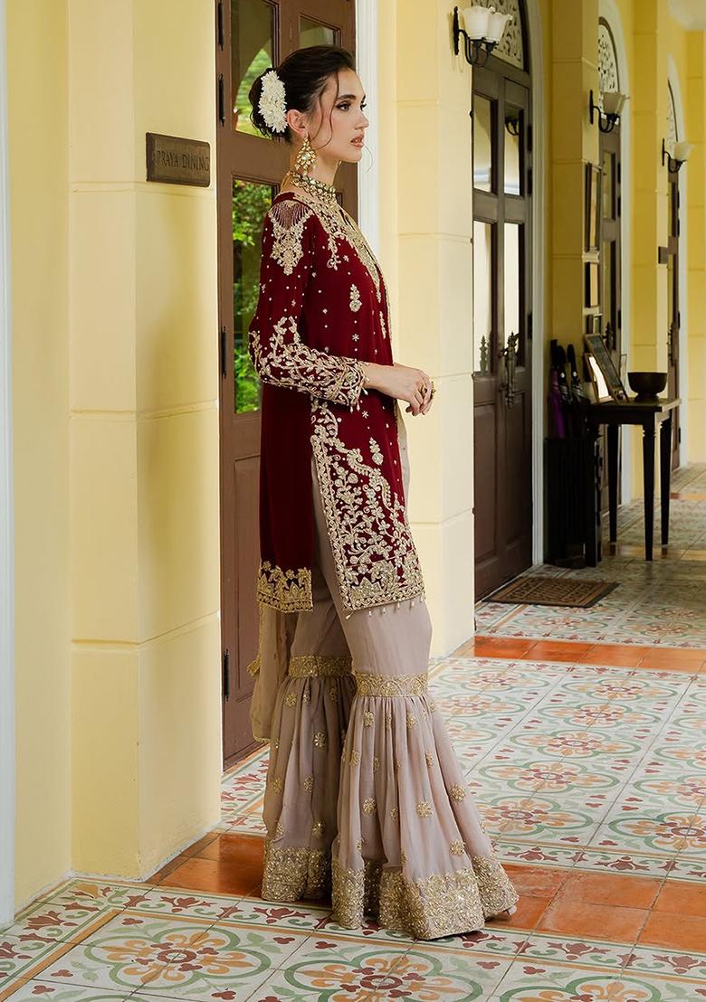 Maroon Embroidery Georgette Sharara - Indya