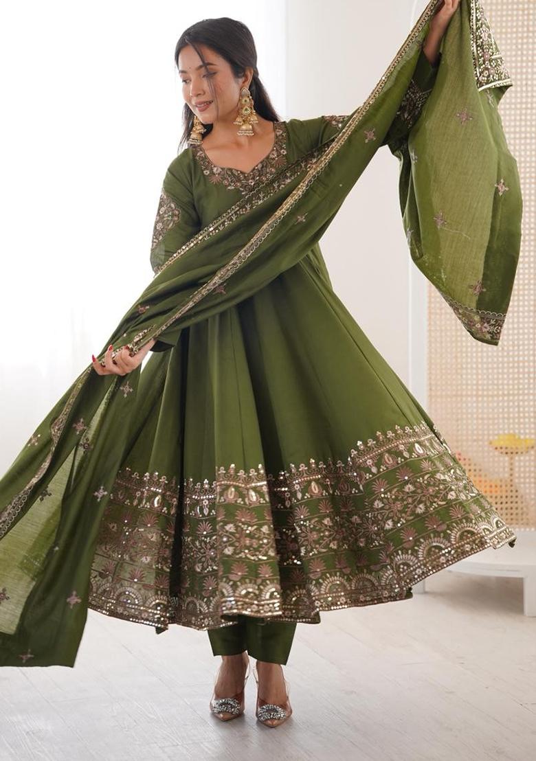 Green Embroidery Silk Gown - Indya