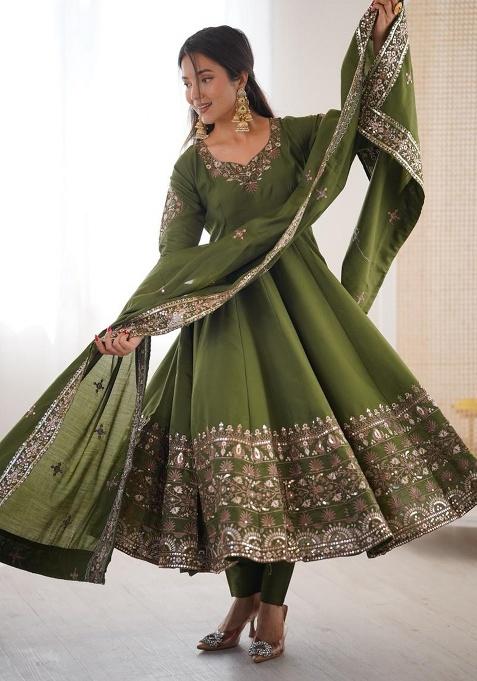 Green Embroidery Silk Gown