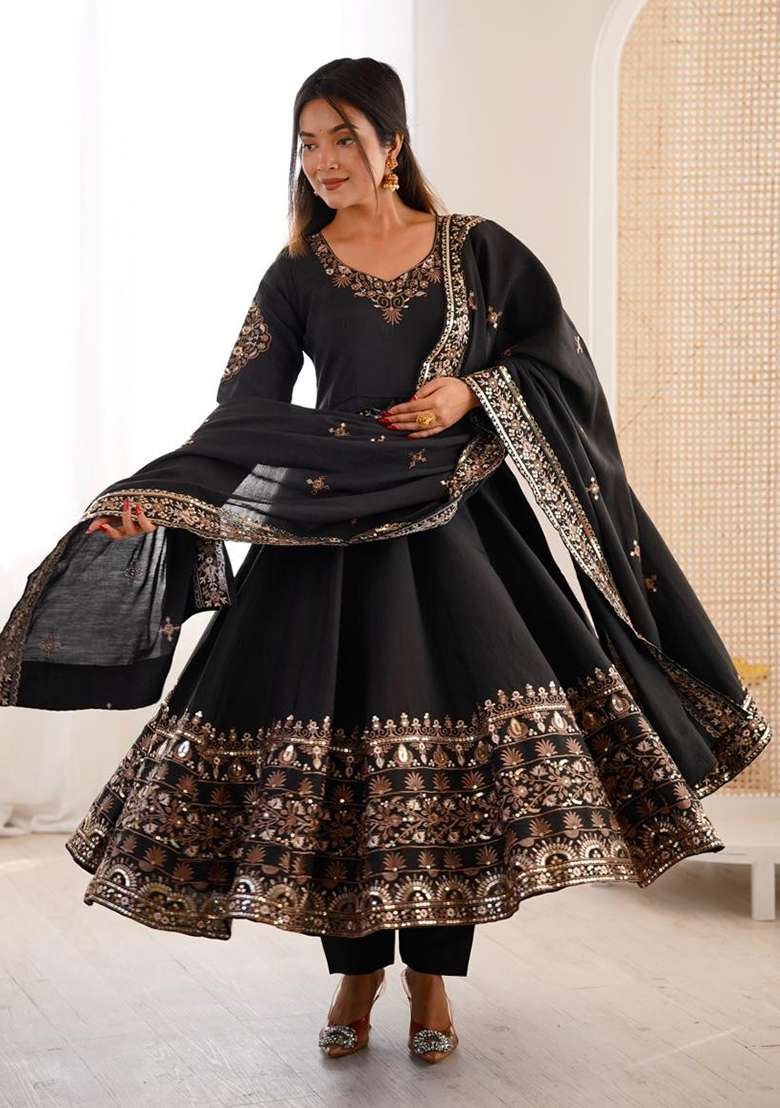 Black Embroidered Silk Blend Anarkali Set - Indya