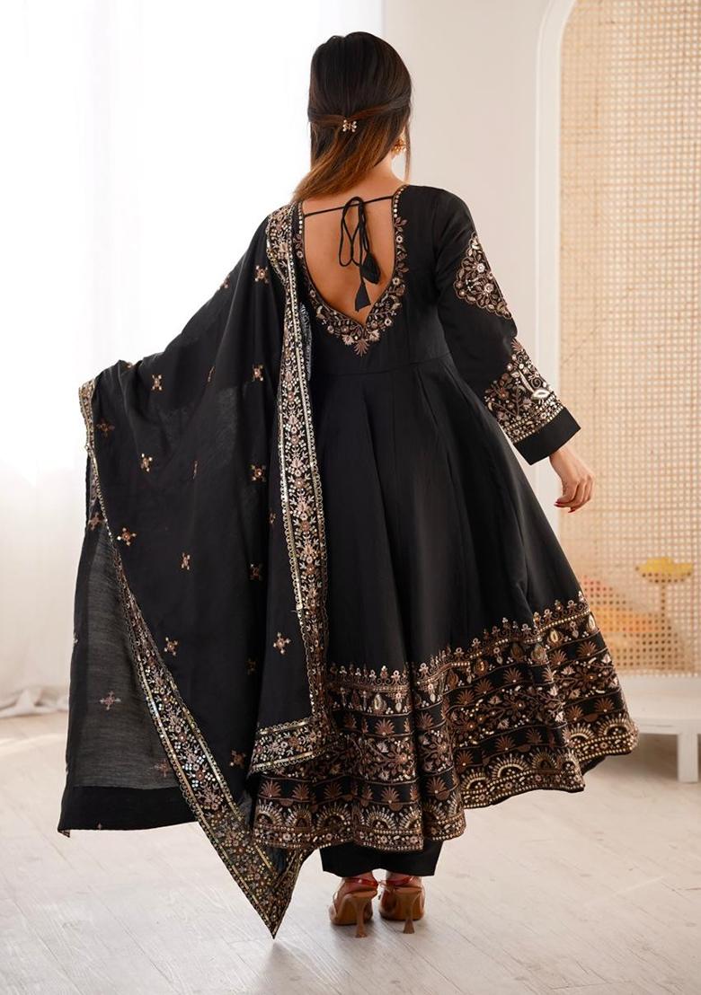 Black Embroidery Silk Gown - Indya