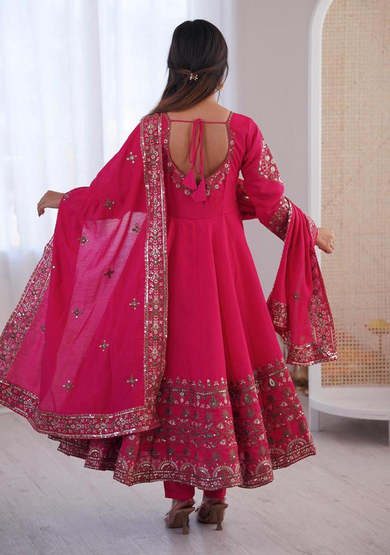 Dark Pink Embroidery Silk Gown - Indya