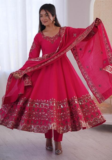 Dark Pink Embroidery Silk Gown