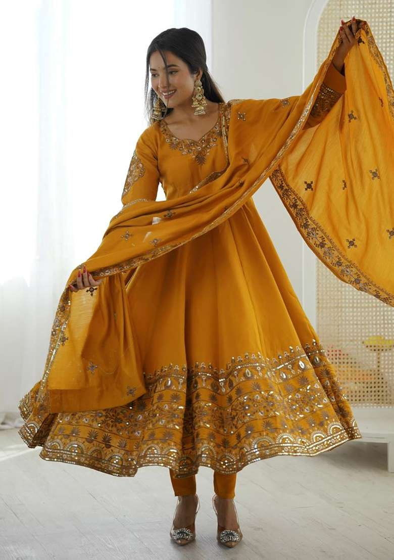 Mustard Embroidered Silk Blend Anarkali Set - Indya