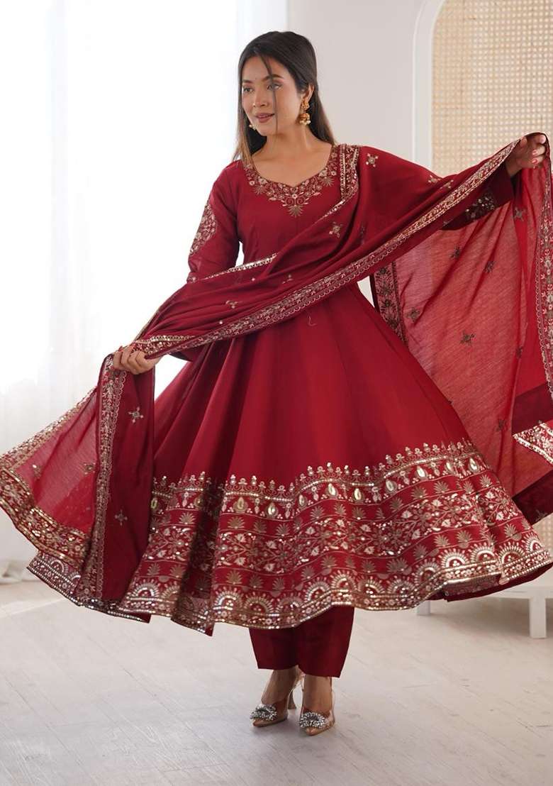 Maroon Embroidered Silk Blend Anarkali Set - Indya