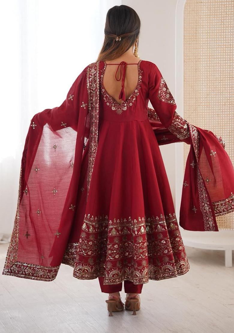 Maroon Embroidery Silk Gown - Indya