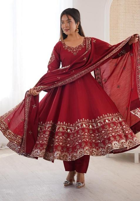 Maroon Embroidery Silk Gown