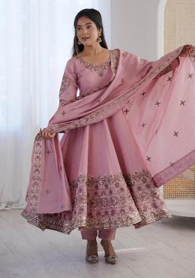 Peach Embroidery Silk Gown