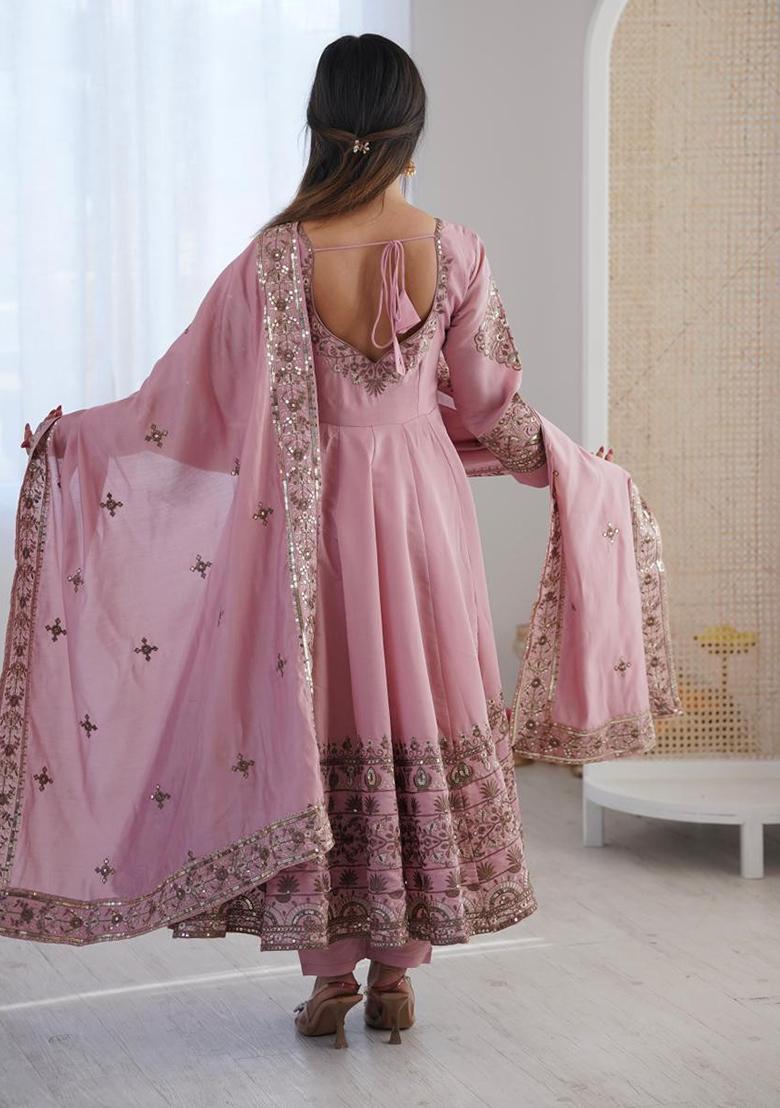 Peach Embroidery Silk Gown - Indya