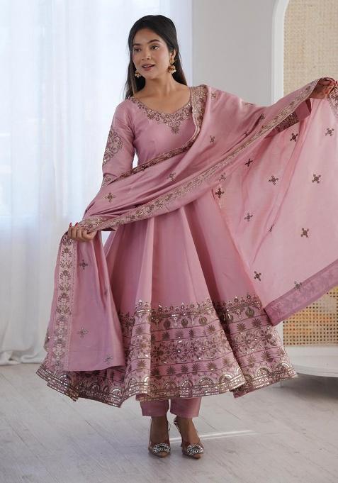 Peach Embroidery Silk Gown