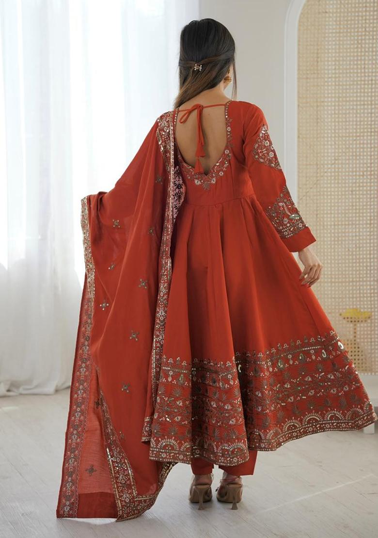 Rust Embroidery Silk Gown - Indya