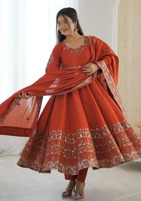 Rust Embroidery Silk Gown