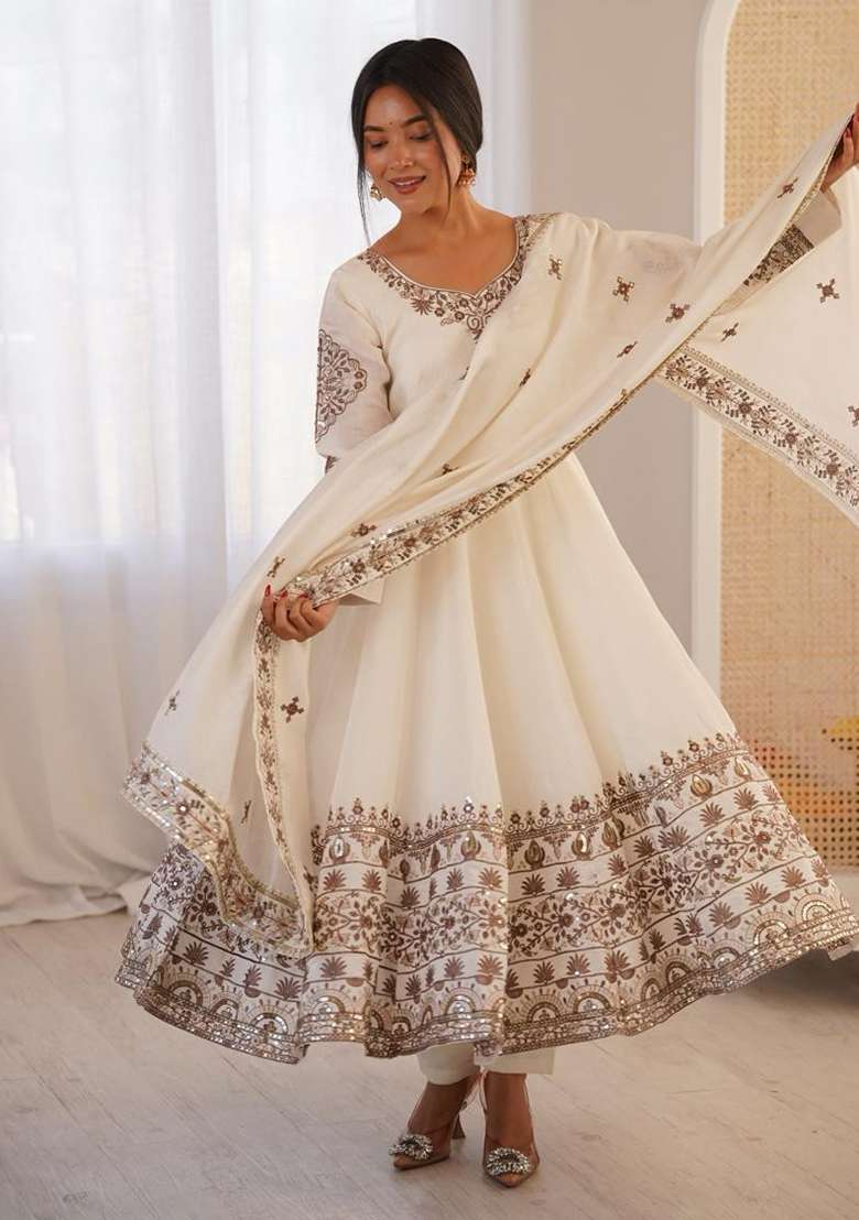 White Embroidered Silk Blend Anarkali Set - Indya