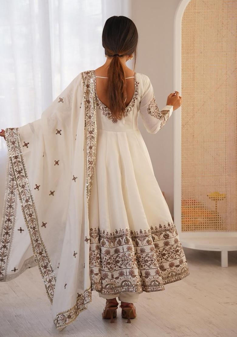 White Embroidery Silk Gown - Indya