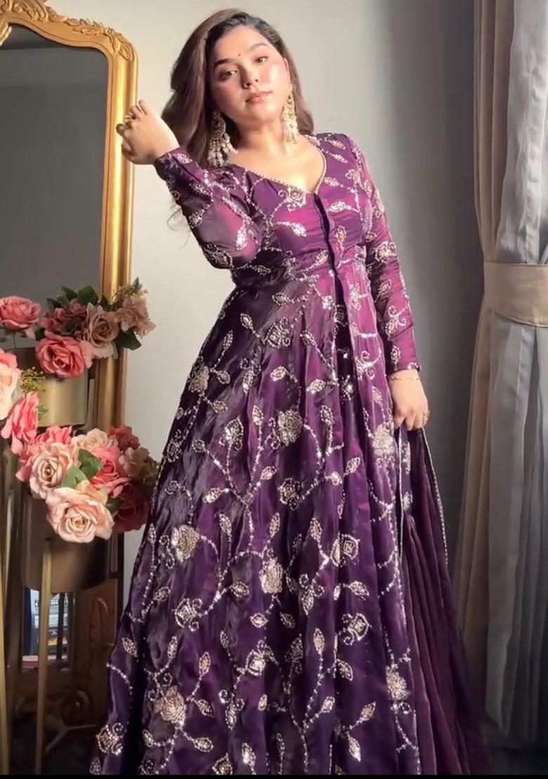 Wine Embroidery Silk Plazzo - Indya