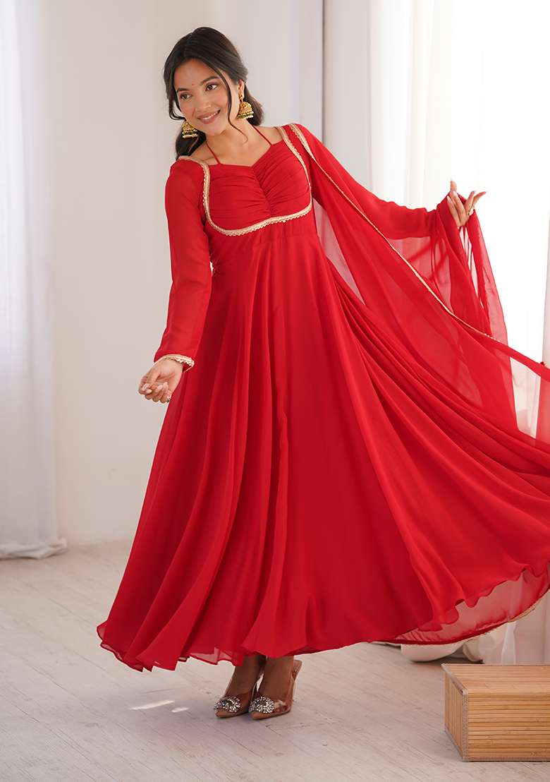 Red Embroidered Georgette Anarkali Set - Indya