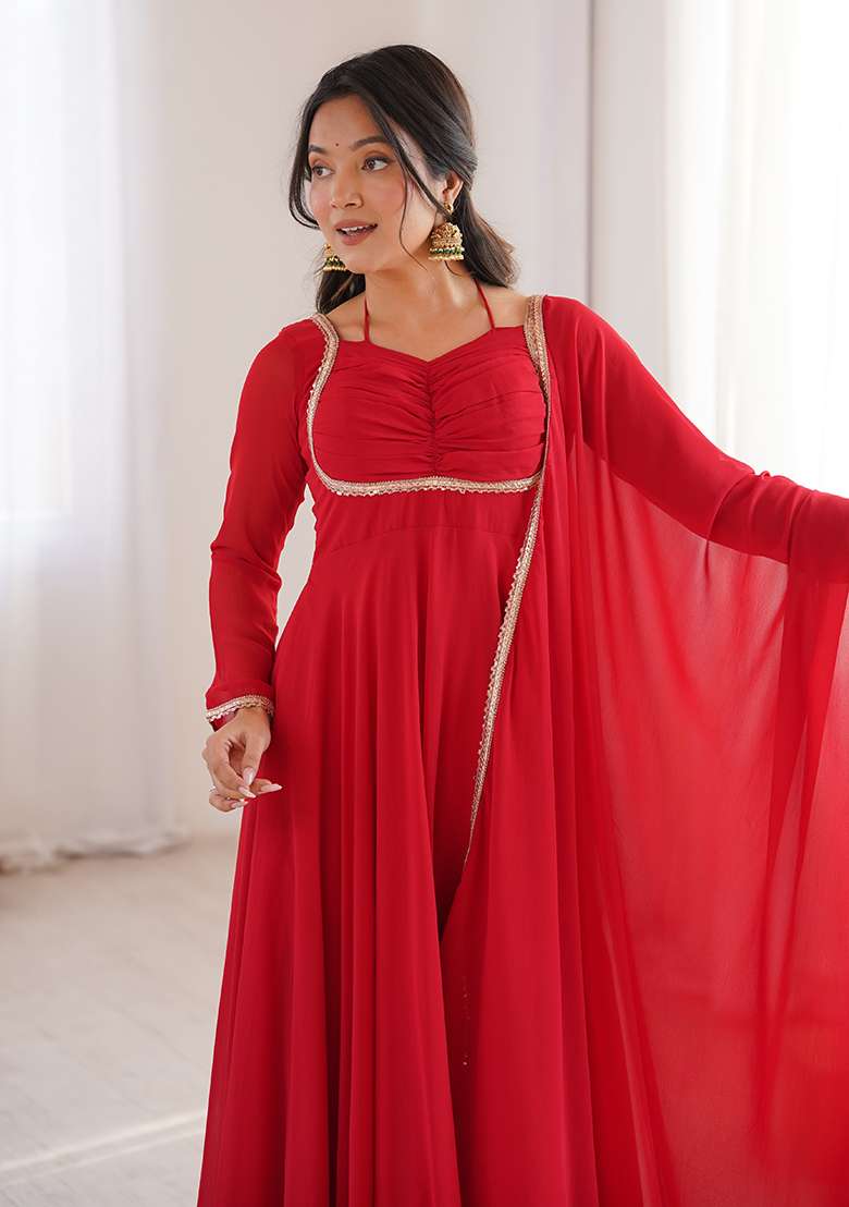 Red Embroidered Georgette Anarkali Set - Indya