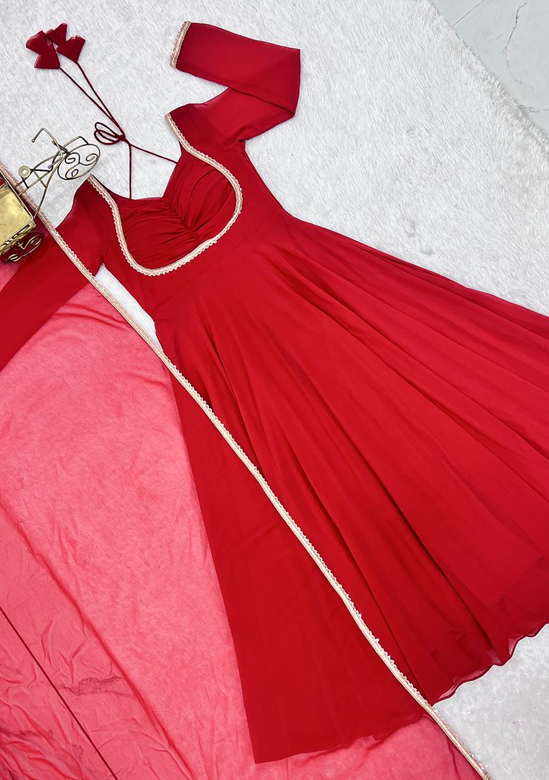 Red Motif Georgette Gown - Indya
