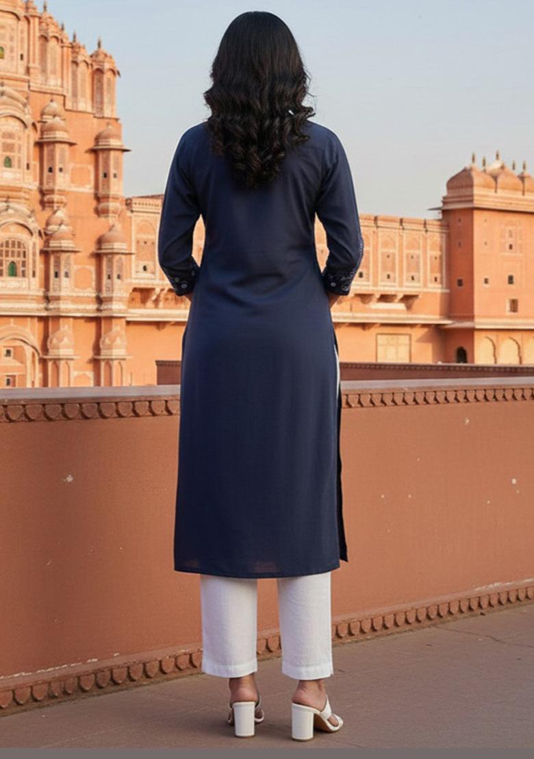 Navy Blue Embroidery Rayon Kurta Set - Indya