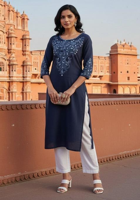 Navy Blue Embroidery Rayon Kurta With Duppatta