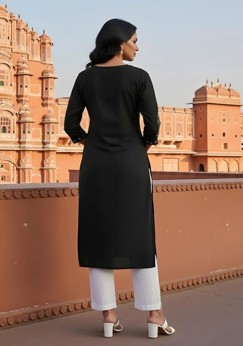Black Embroidery Rayon Kurta Set - Indya