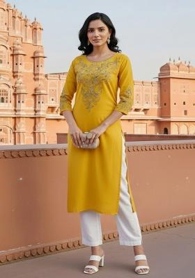 Yellow Embroidery Rayon Kurta Set
