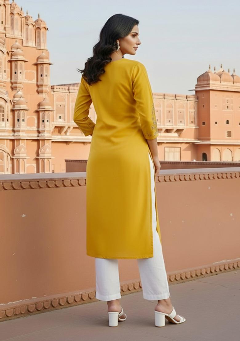 Yellow Embroidery Rayon Kurta Set - Indya