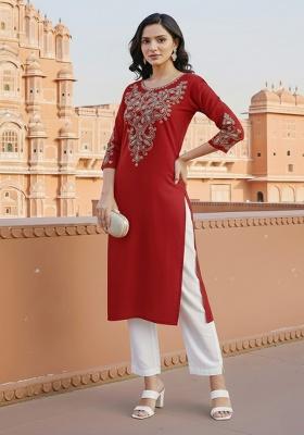 Red Embroidery Rayon Kurta Set